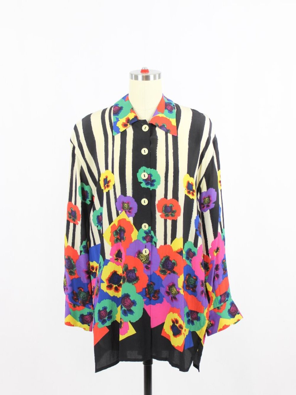 Vintage 90's LAUREL by ESCADA Striped Floral 100% Silk Button Up Blouse, Size 36